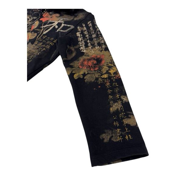 Vintage Jess & Jane Y2K S Black Eastern Floral Bird Kanji AOP Full Zip Cardigan - Picture 14 of 16